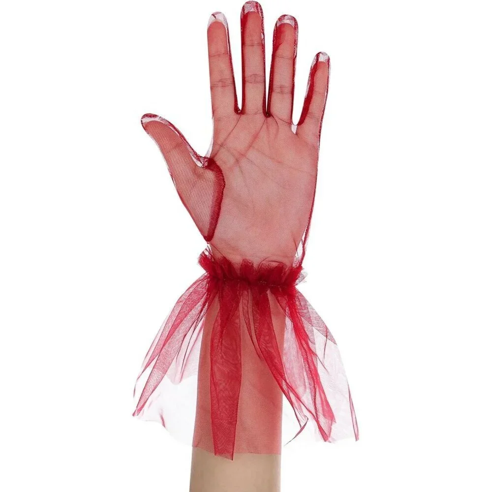 Women's Puffy Ruffle Burgundy Tulle Sheer Mesh Party Prom One Size Short Gloves